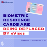 Biometric residence cards are being replaced by eVisas. Image of a UK residence card in top right hand corner