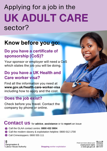 Female care worker with information on applying for a job in the UK