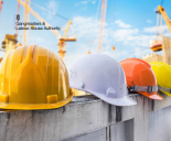 Construction Hats Lined Up With Blurred Cranes Behind. Includes GLAA Logo. Canva 20 Nov 2024